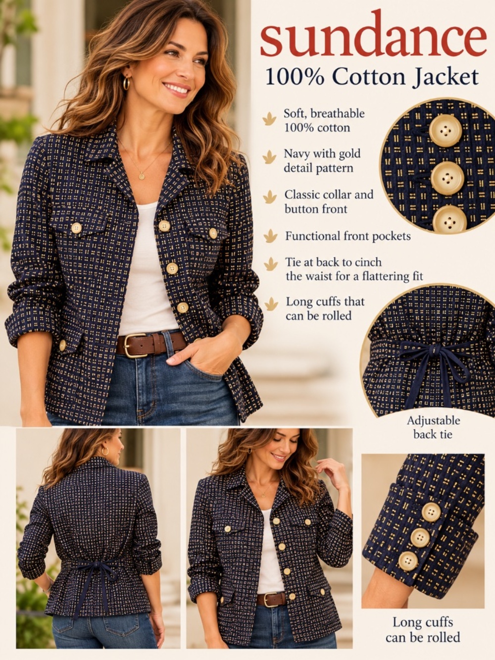 Sundance Navy & Gold 100% Cotton Jacket – Size Medium